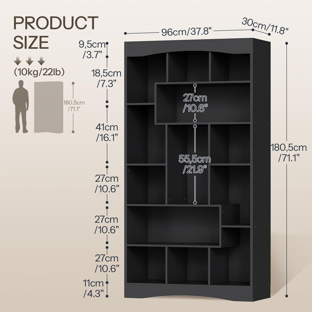 6-Tier Black Bookshelf with Open Shelves O40166