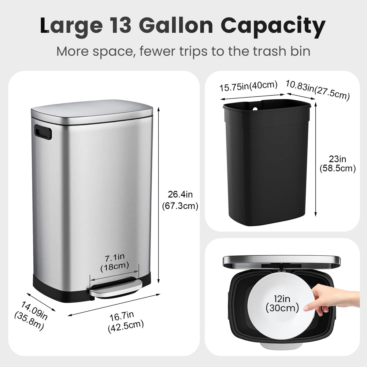 13.2 Gallon Stainless Steel Step Trash Can with Lid Q3649