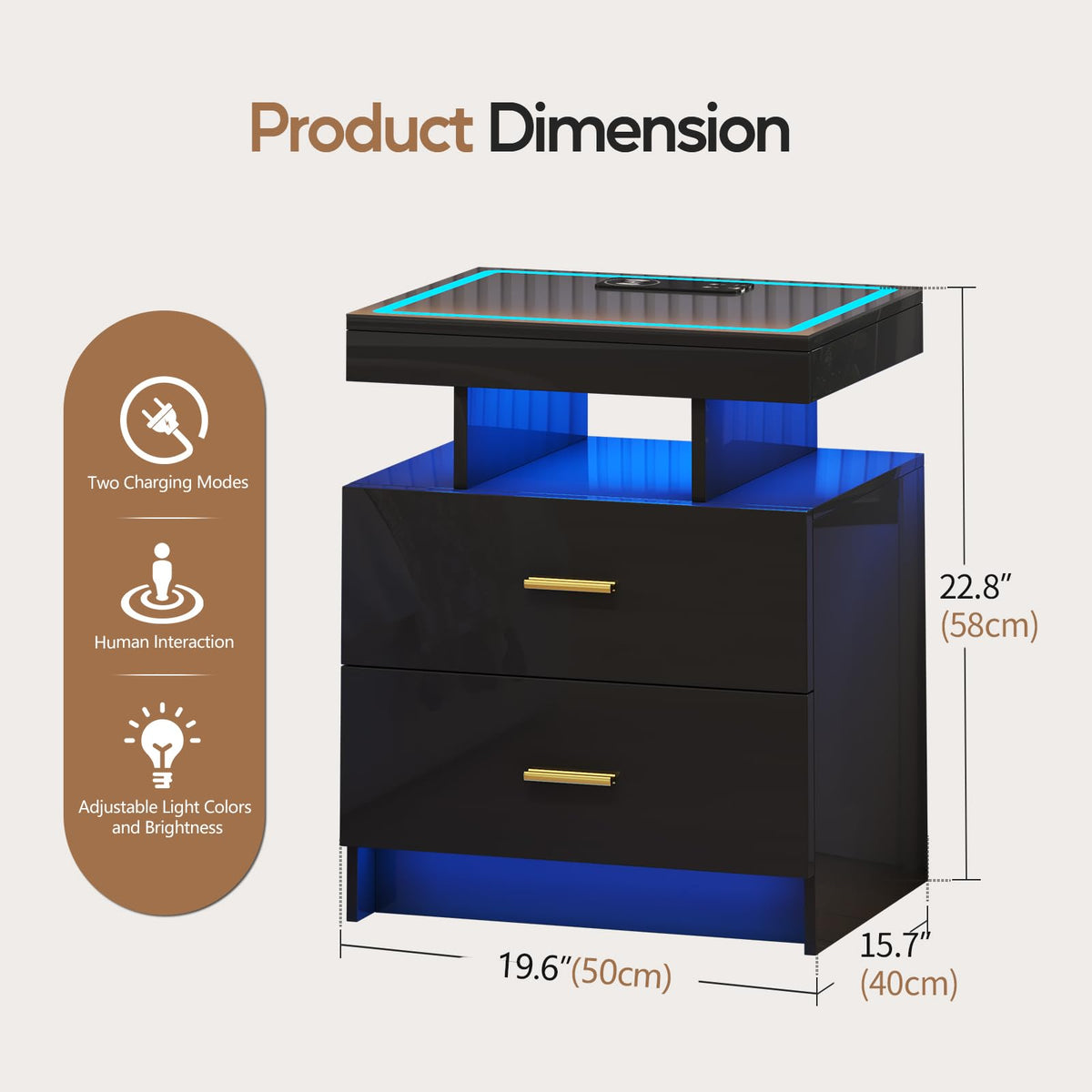 Black LED Nightstand with Wireless Charging Station P208