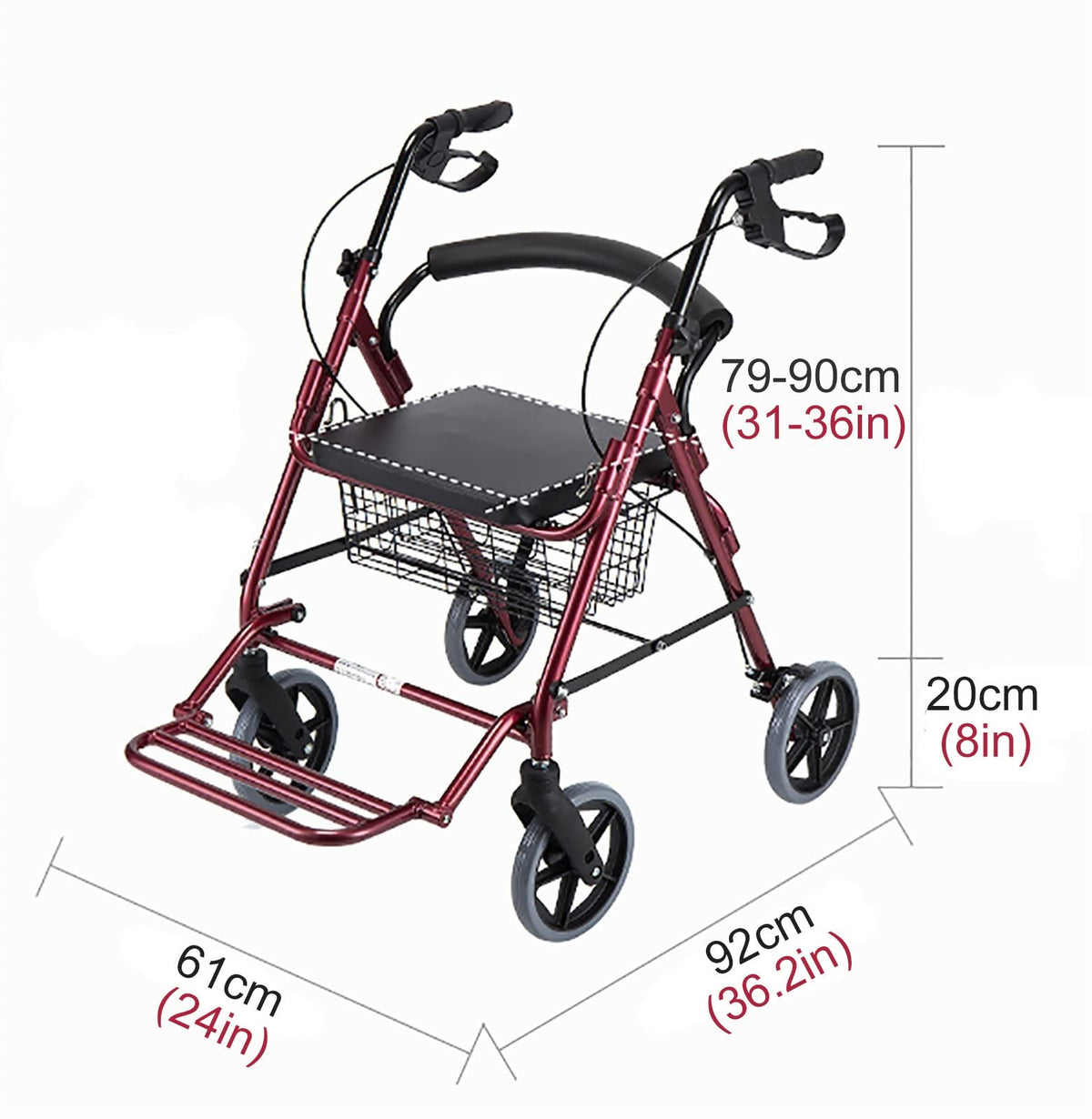 Foldable Rollator Walker with Leather Seat, 8inch Wheels, Brakes and Footrest N244589
