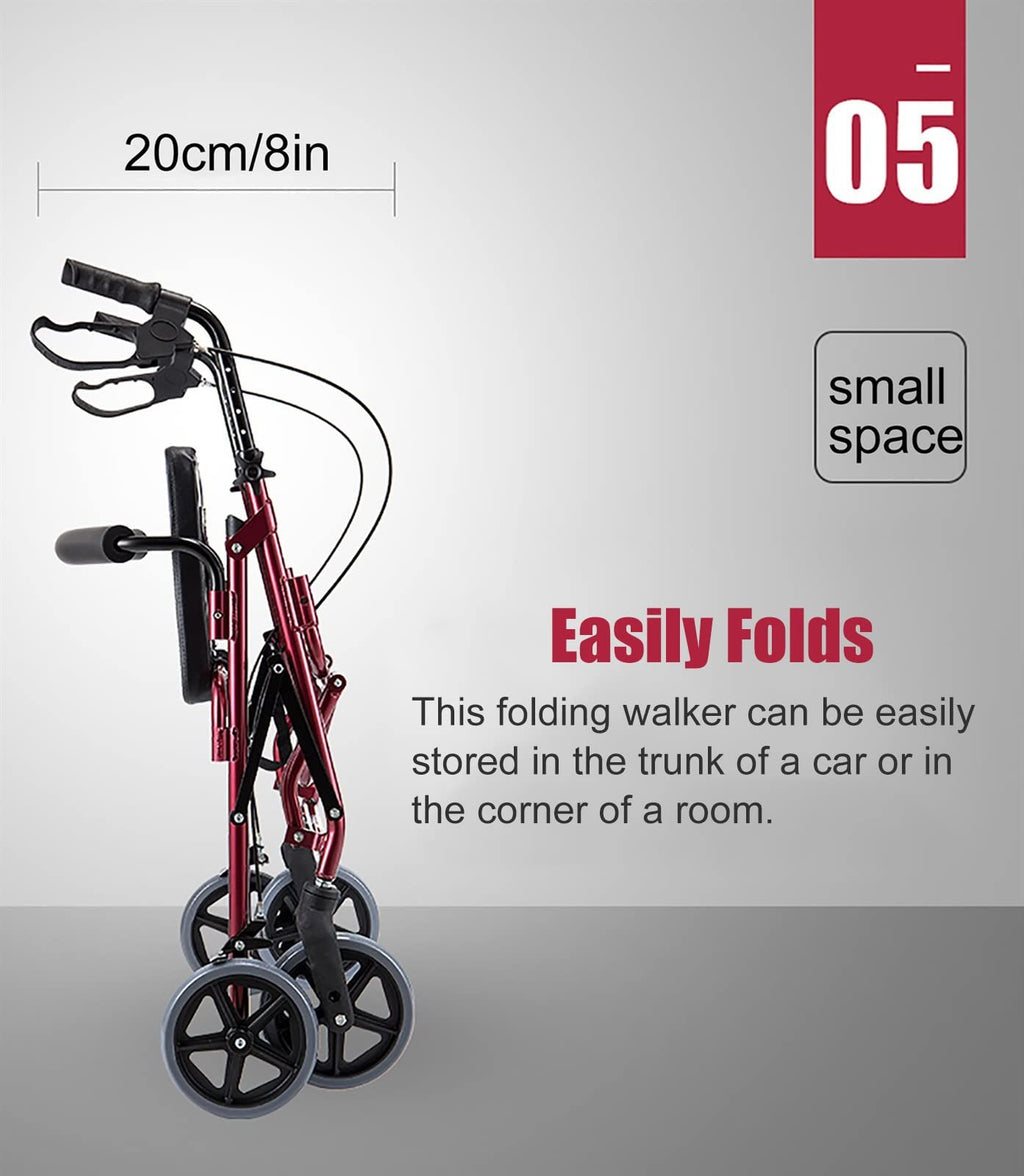 Foldable Rollator Walker with Leather Seat, 8inch Wheels, Brakes and Footrest N244589