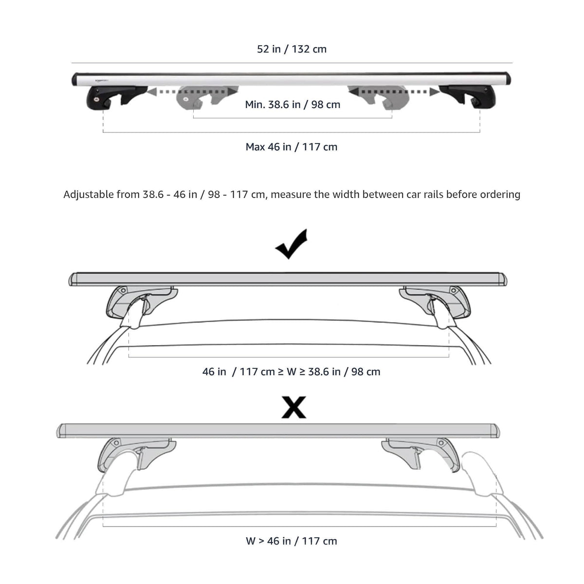 Black/Silver Cross Rail Roof Rack, 52 inches, Pack of 2 N944883