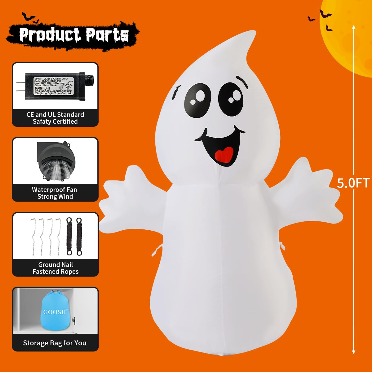 5 FT Inflatable Ghost Outdoor Decoration with Built-in LEDs Y84317