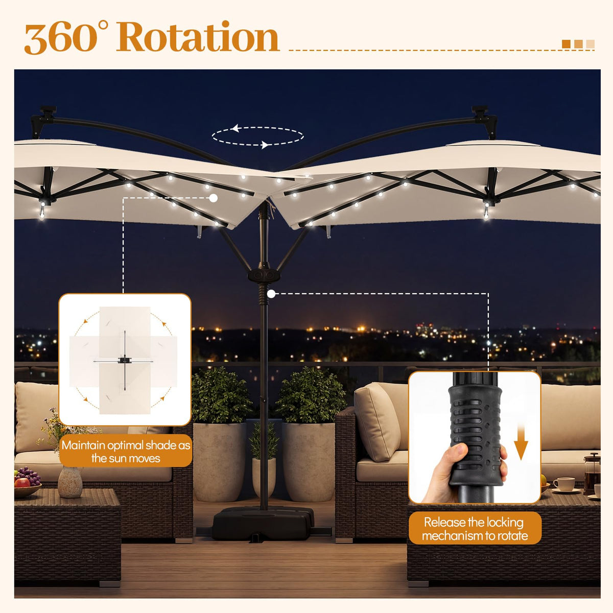 8x8 FT Solar Square Offset Cantilever Umbrella with Base V386