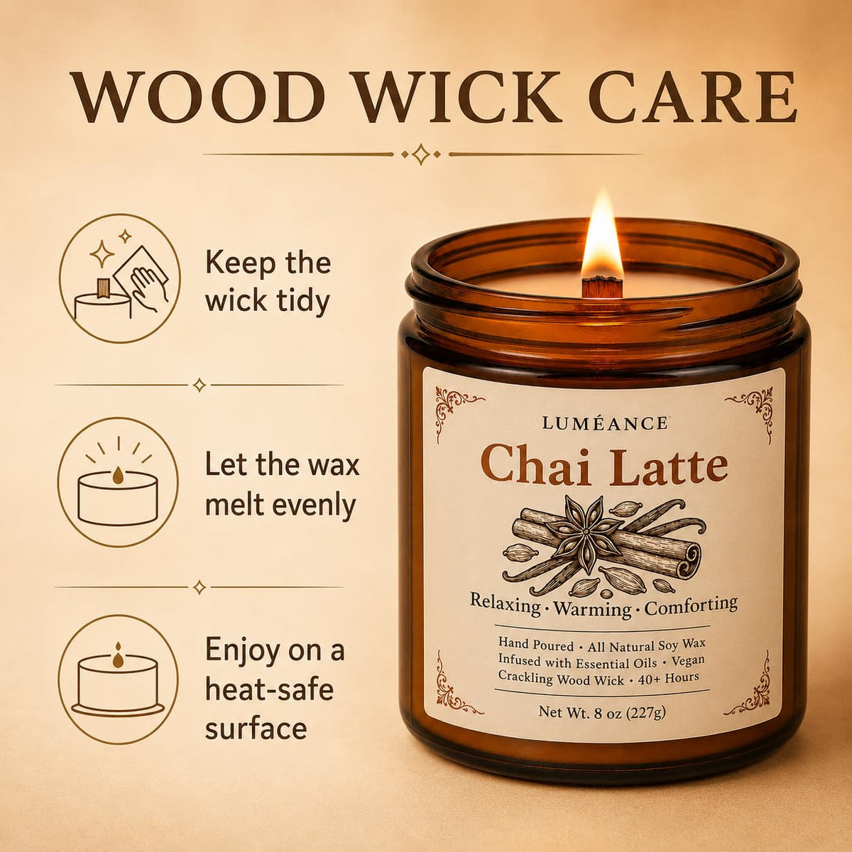 Chai Latte Scented Candle, 8 oz, Soy Wax, Crackling Wood Wick I349233