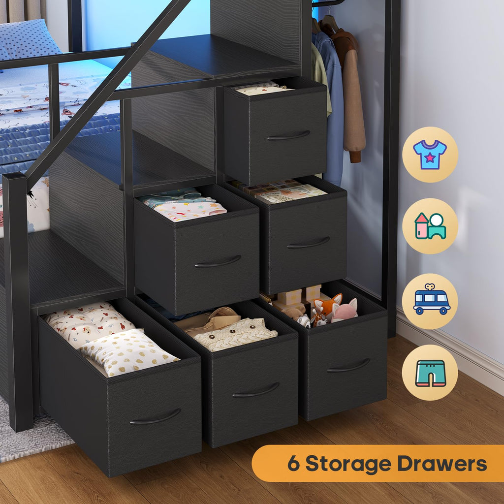 Twin Over Twin Bunk Bed with Trundle, Stairs, 6 Drawers, LED Lights D2755