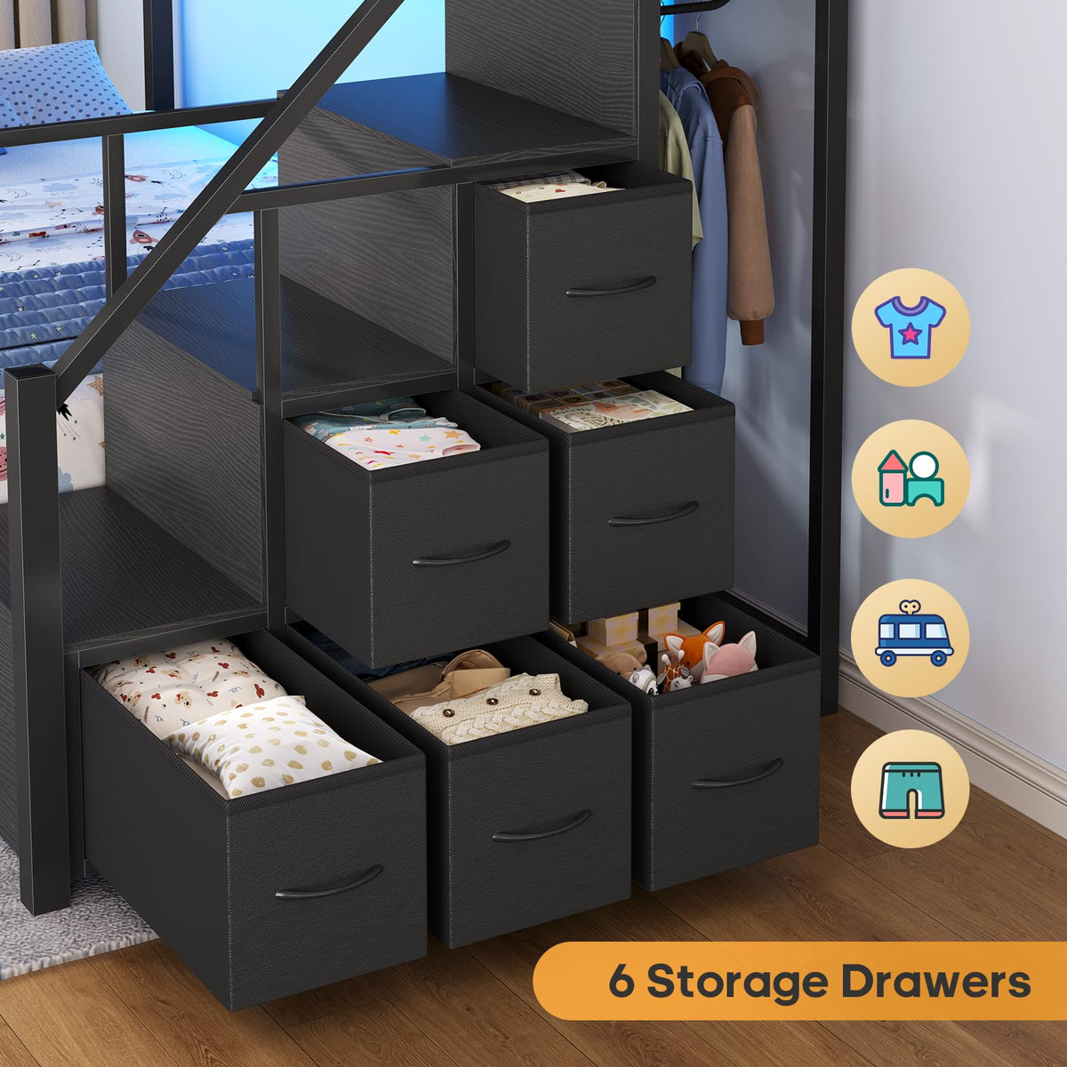 Twin Over Twin Bunk Bed with Trundle, Stairs, 6 Drawers, LED Lights D2755