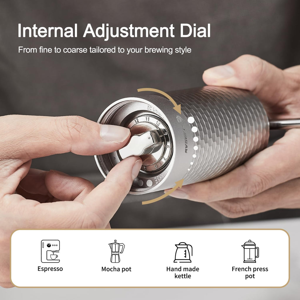 Manual Coffee Grinder, Stainless Steel Conical Burr Hand Grinder, 25g Coffee Bean Mill with Magnetic Handle, Dual Bearing Metal Body for Travel and Camping S273