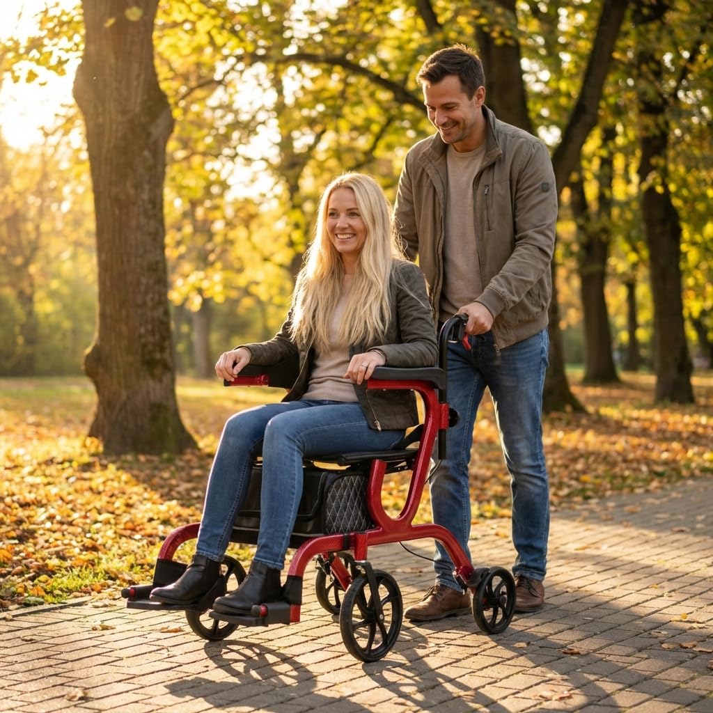 2-in-1 Folding Rollator Walker & Transport Chair with 10” Front Wheels X4834