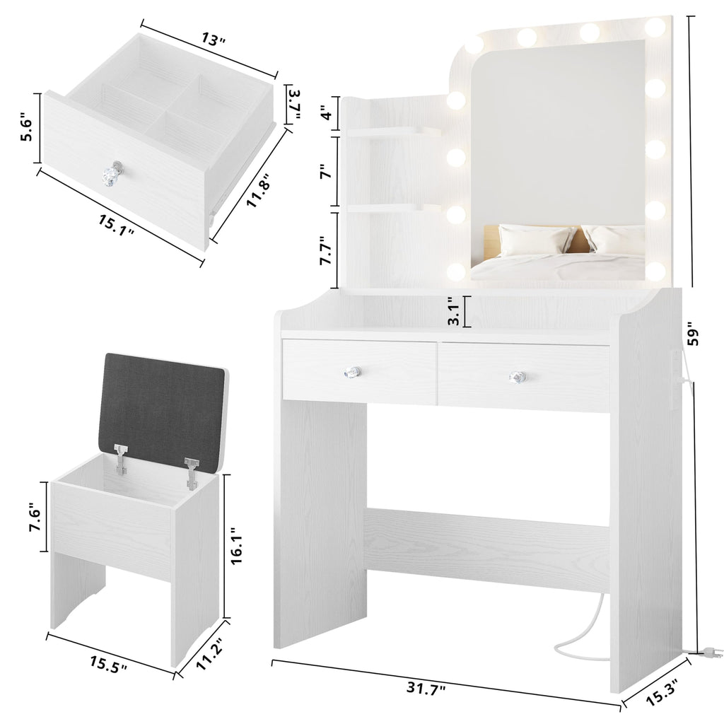 White Vanity Desk with Mirror Lights and Storage Stool U988