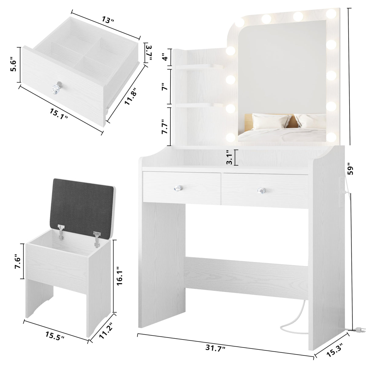 White Vanity Desk with Mirror Lights and Storage Stool U988