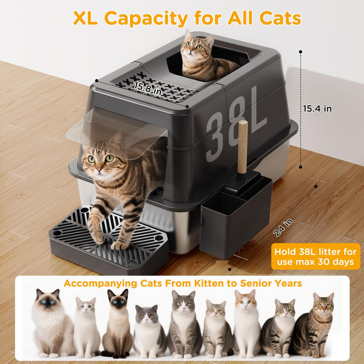 XL Black Stainless Steel Litter Box with Lid D7517