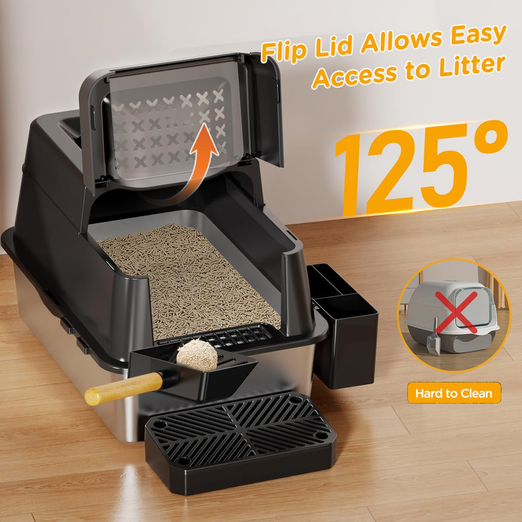 XL Black Stainless Steel Litter Box with Lid D7517