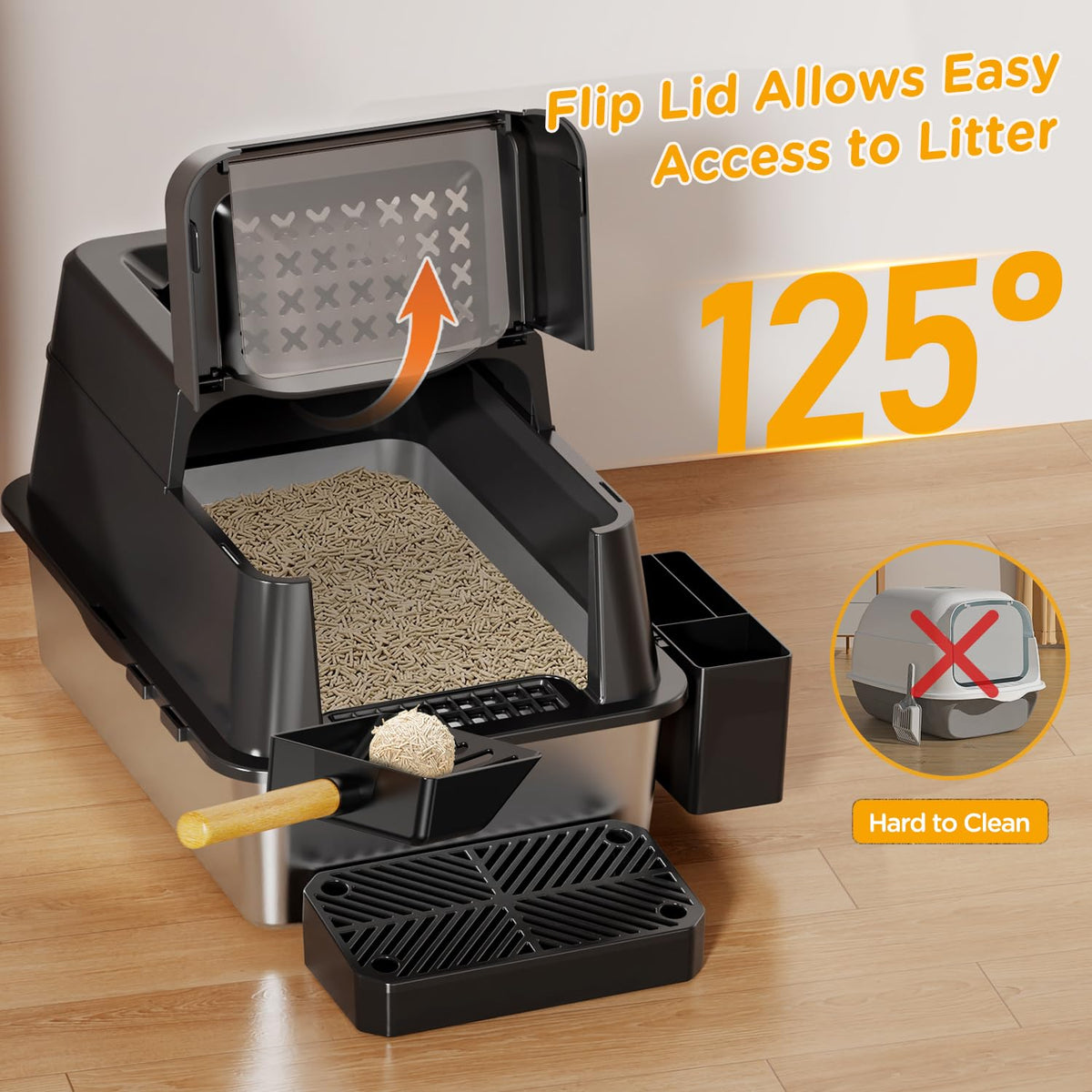 XL Black Stainless Steel Litter Box with Lid D7517