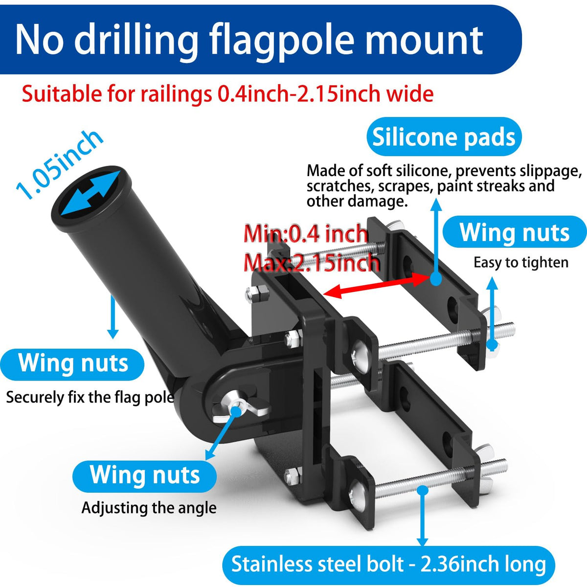 Flagpole Mount for Balcony Railing, Round and Square Railing, Black T638