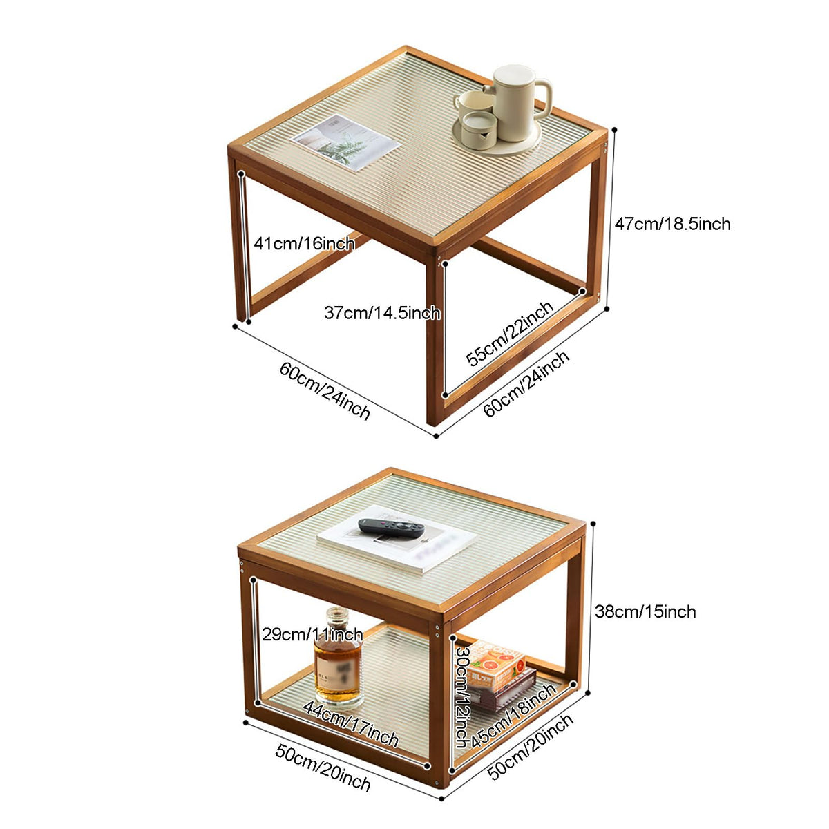 Square Glass Nesting Coffee Tables Set of 2 with Bamboo Frame J665417
