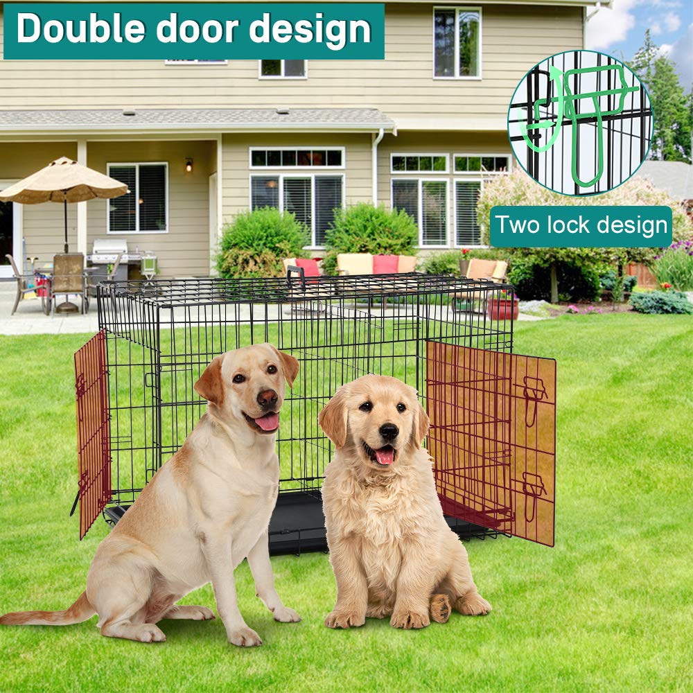 42 Inch Metal Wire Double-Door Folding Dog Crate with Tray U1046