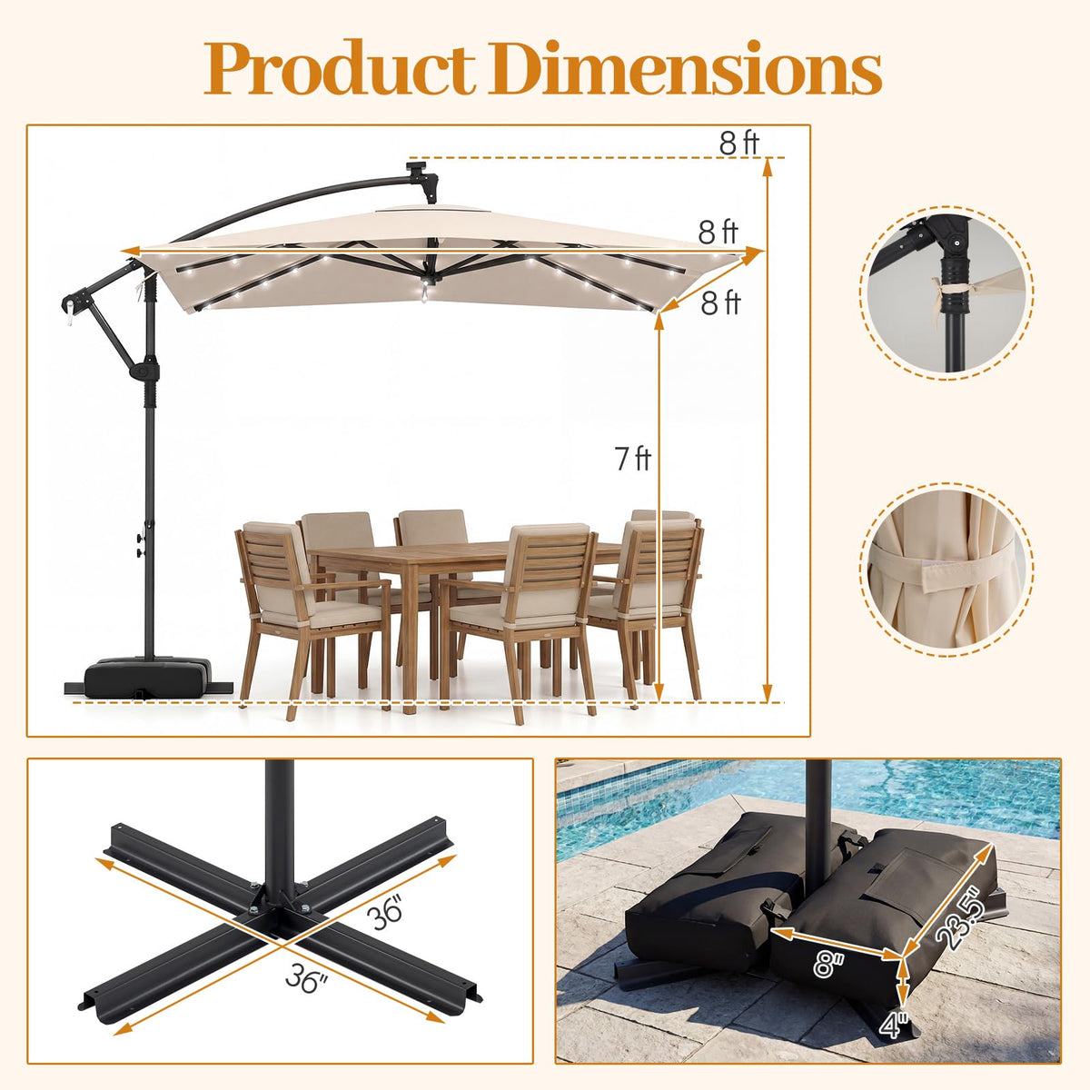 8x8 FT Solar Square Offset Cantilever Umbrella with Base V386