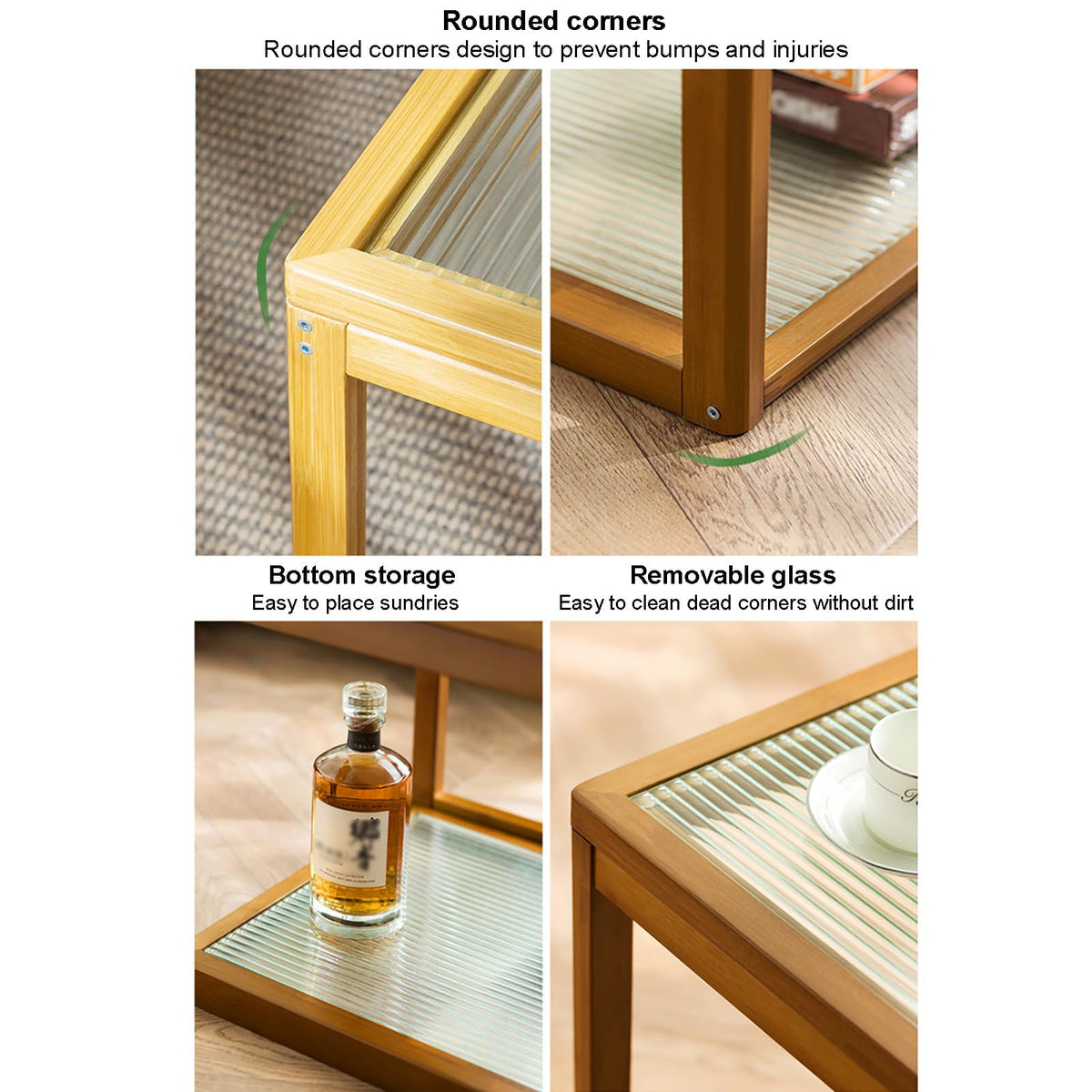 Square Glass Nesting Coffee Tables Set of 2 with Bamboo Frame J665417