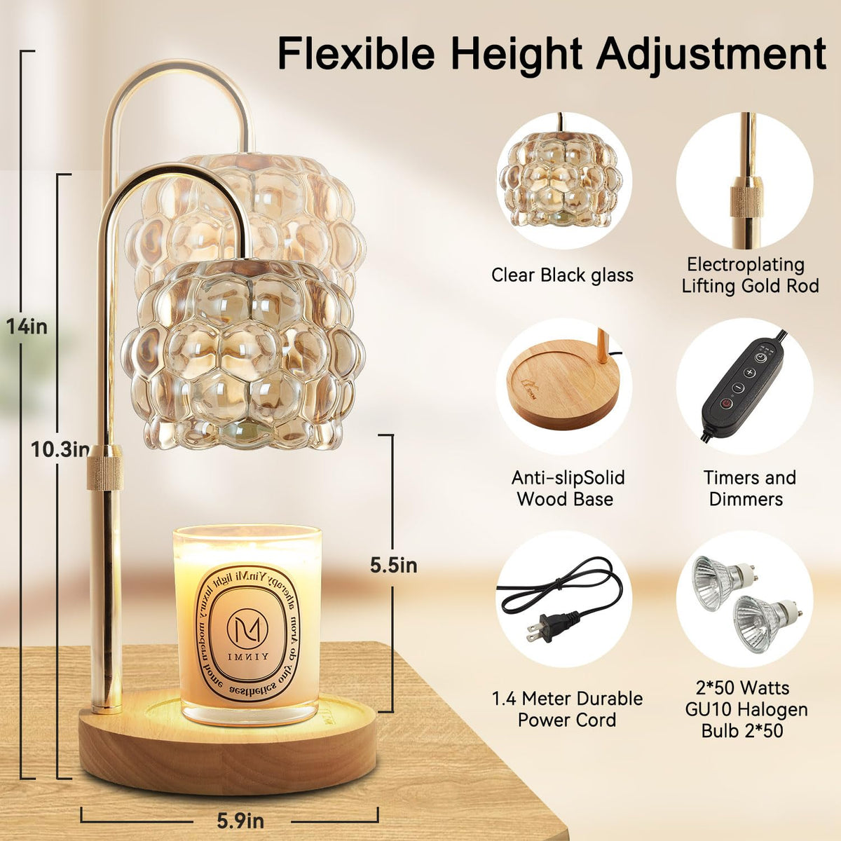 Candle Warmer Lamp with Timer Adjustable Height Dimmer Vintage Glass T16901