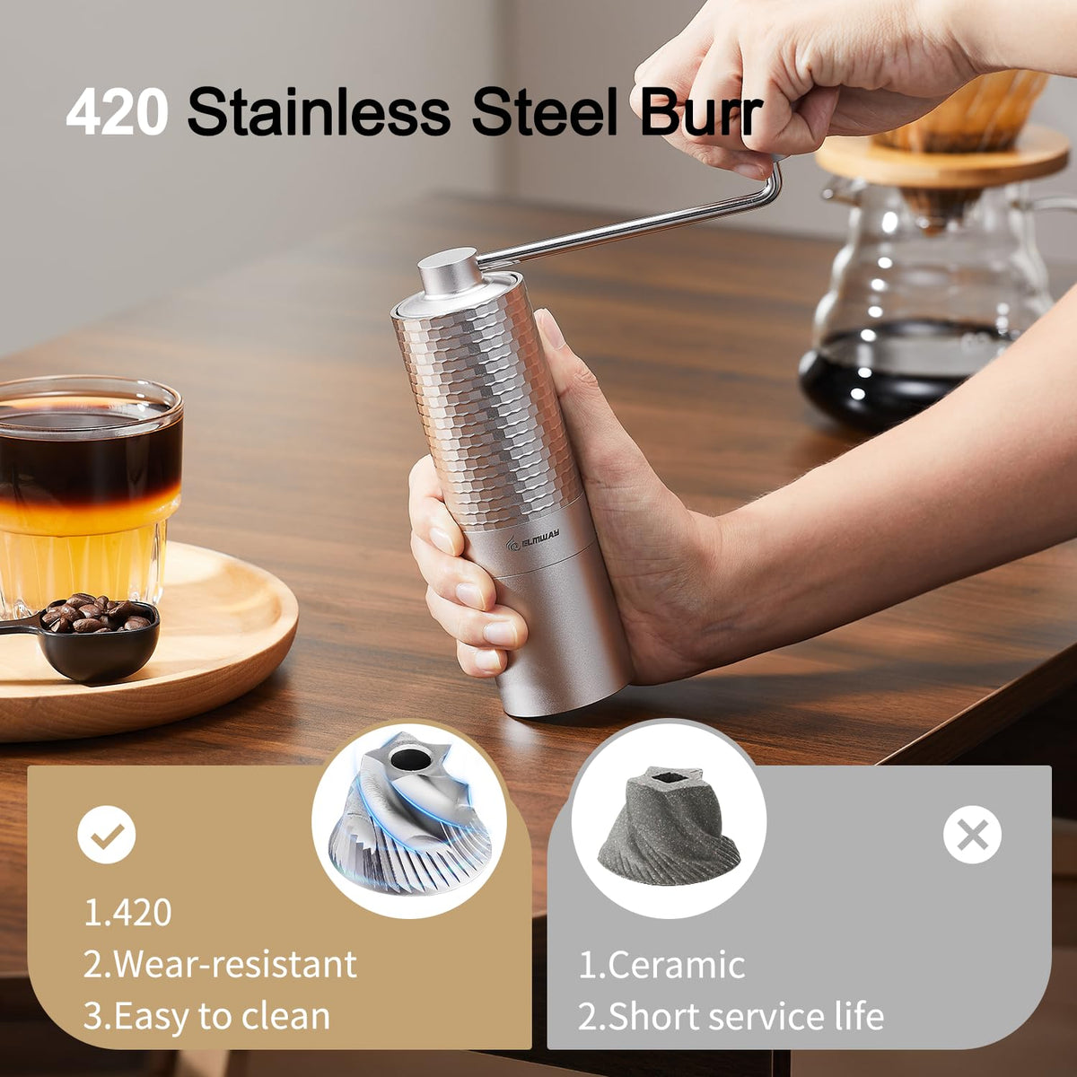Manual Coffee Grinder, Stainless Steel Conical Burr Hand Grinder, 25g Coffee Bean Mill with Magnetic Handle, Dual Bearing Metal Body for Travel and Camping S273