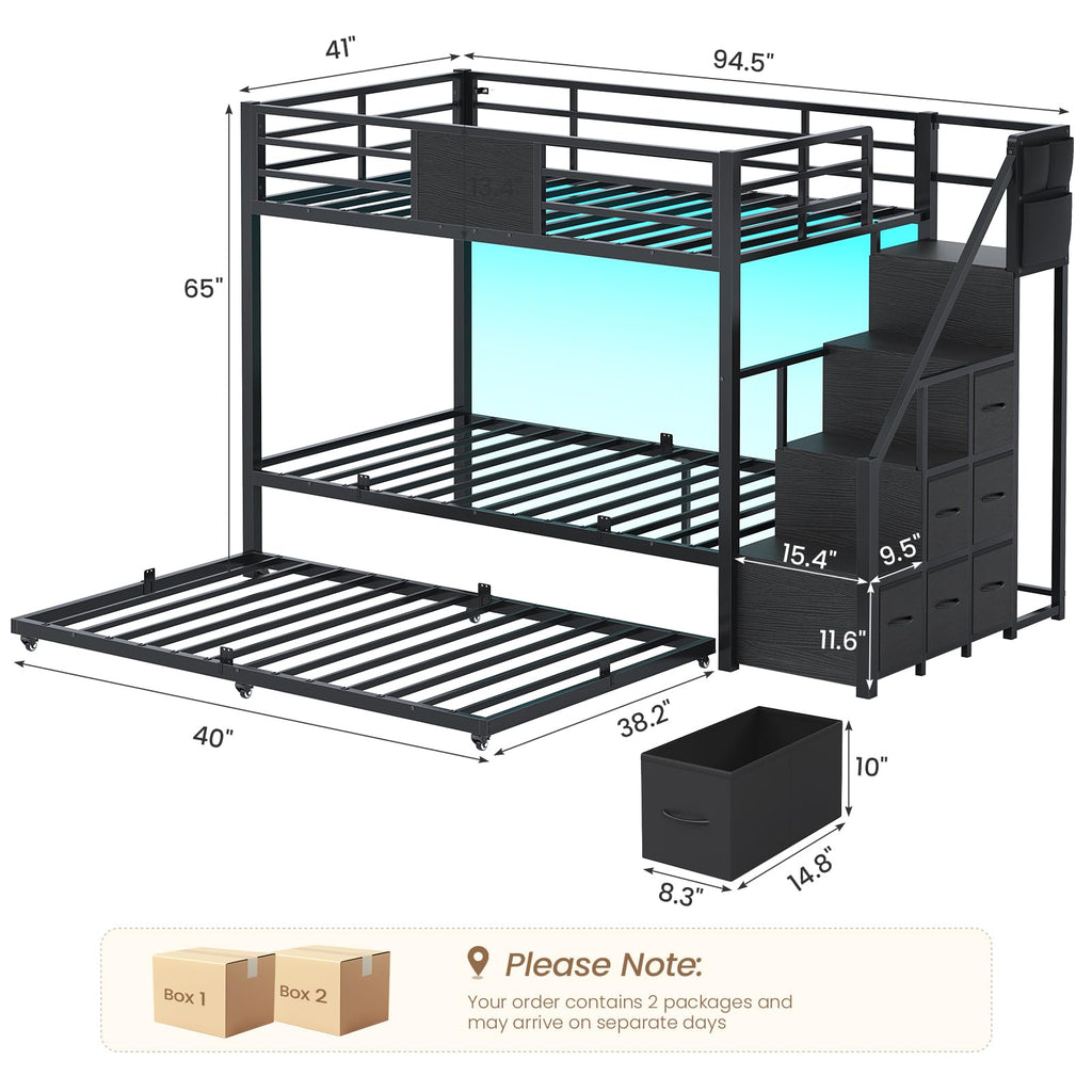 Twin Over Twin Bunk Bed with Trundle, Stairs, 6 Drawers, LED Lights D2755