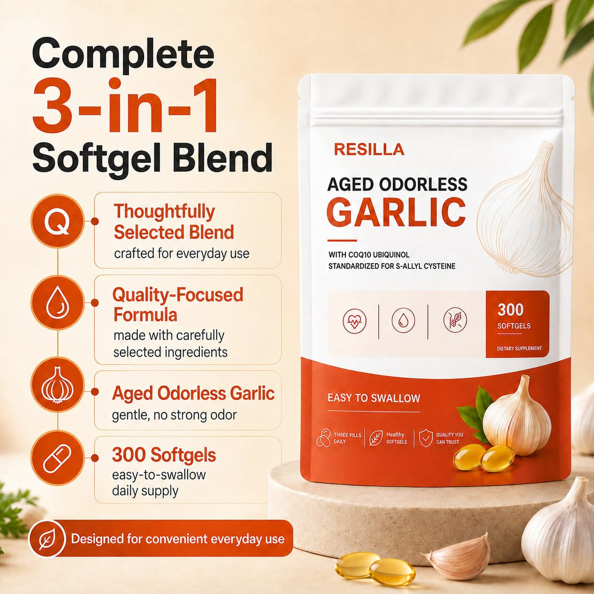Odorless Aged Garlic Softgels, 300 Softgels B5670