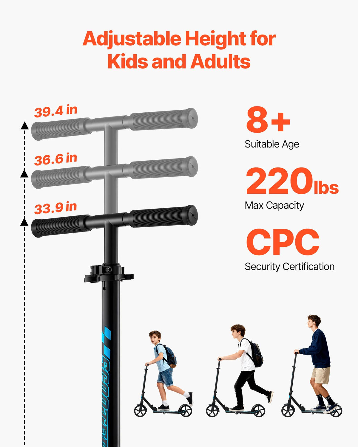 Kick Scooter, 2-Wheel Adjustable Height Folding with Anti-Slip Deck & Light-Up Wheels W201