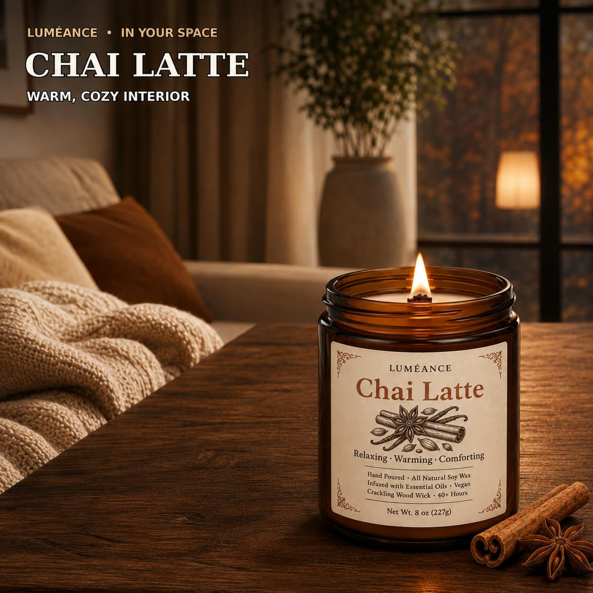 Chai Latte Scented Candle, 8 oz, Soy Wax, Crackling Wood Wick I349233