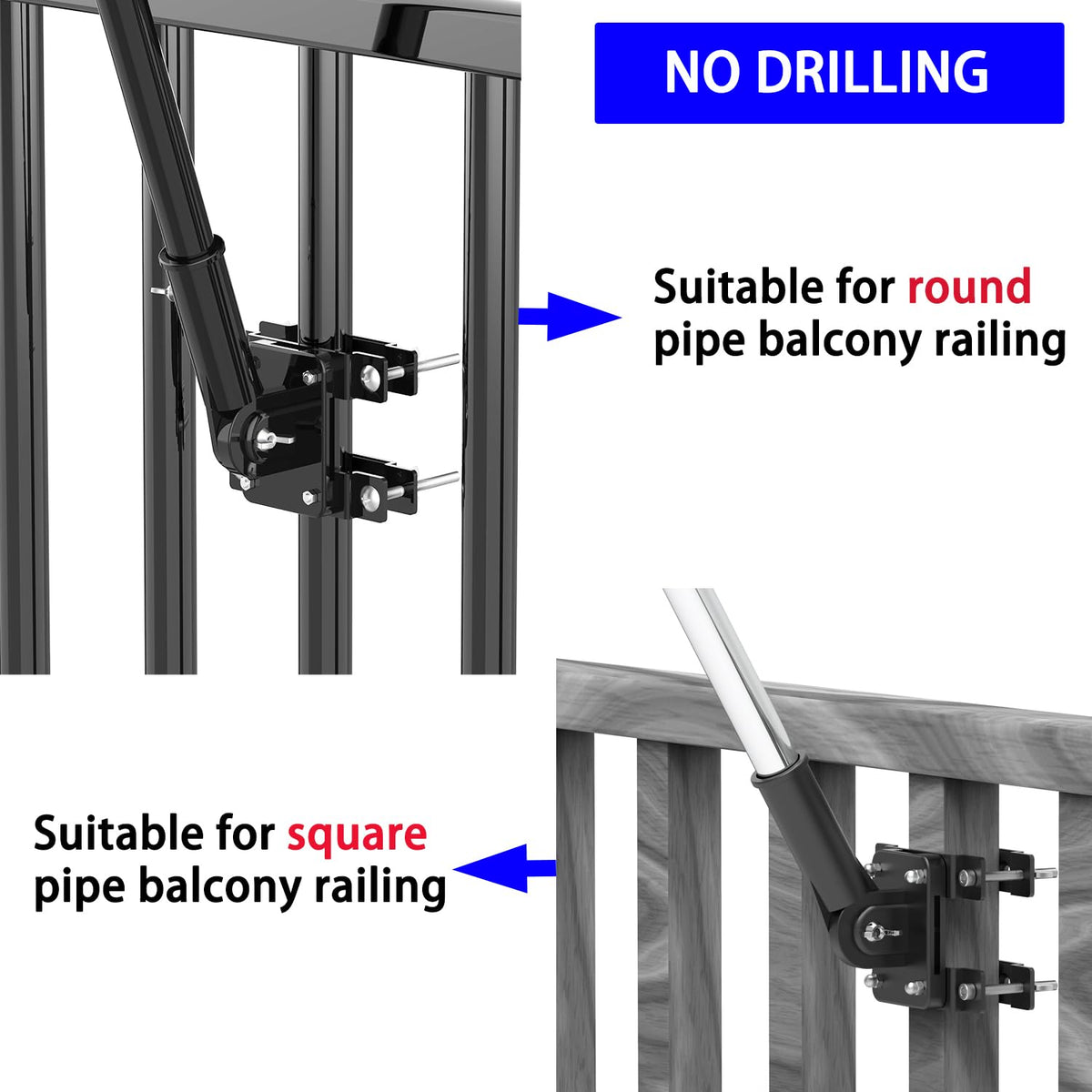 Flagpole Mount for Balcony Railing, Round and Square Railing, Black T638