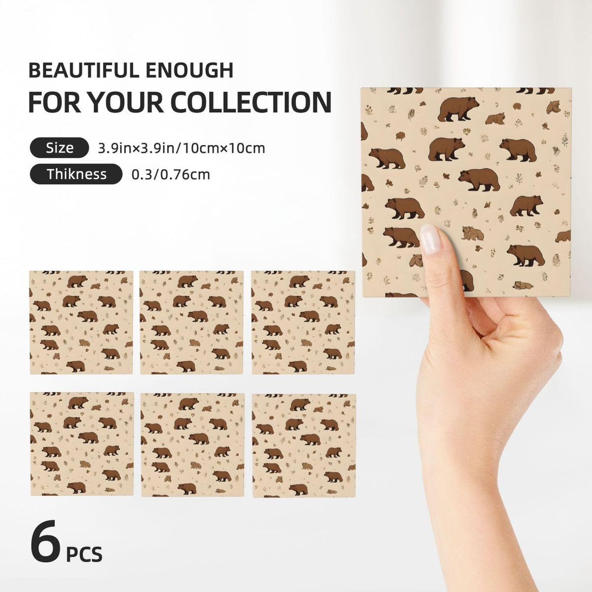Square Cartoon Bear Ceramic Coasters Set of 6 D495568