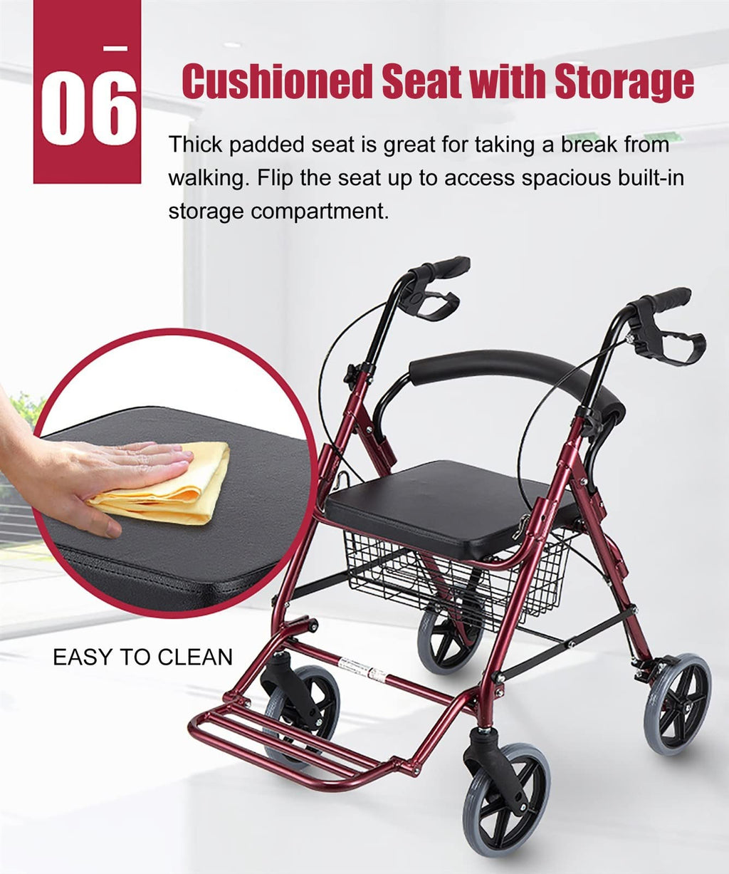 Foldable Rollator Walker with Leather Seat, 8inch Wheels, Brakes and Footrest N244589