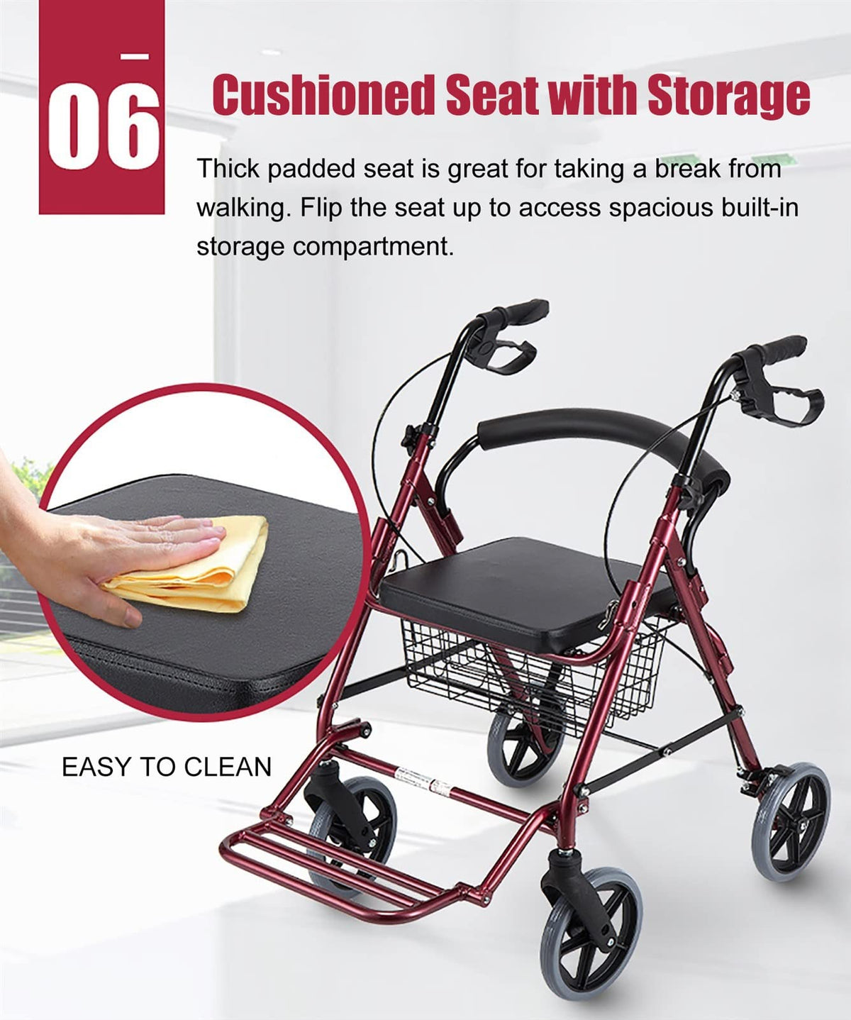 Foldable Rollator Walker with Leather Seat, 8inch Wheels, Brakes and Footrest N244589