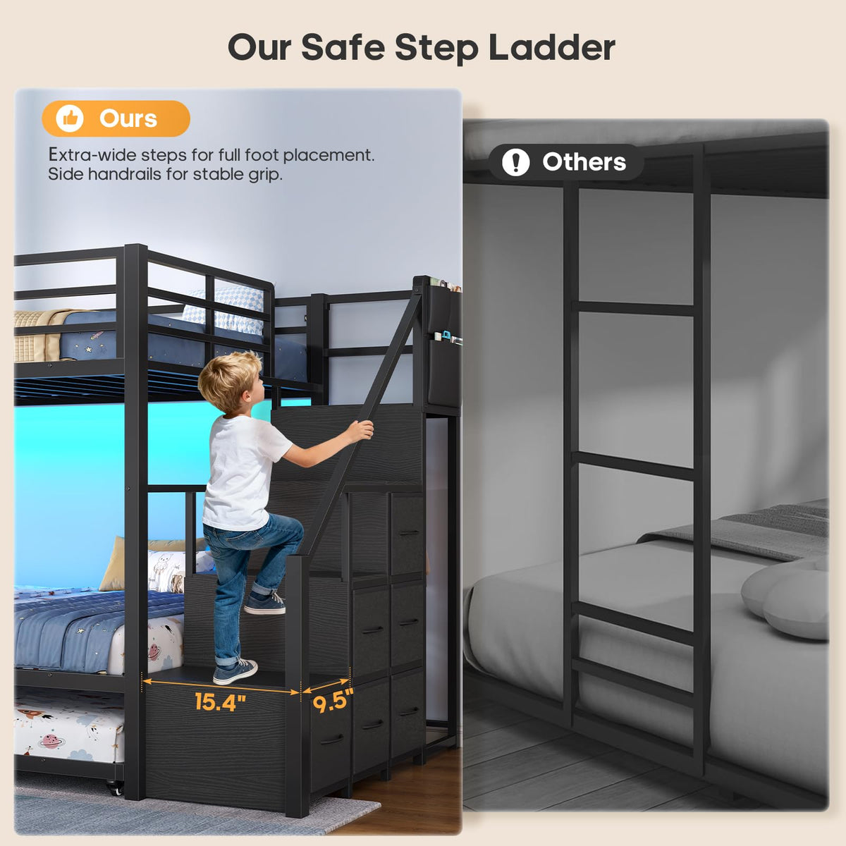 Twin Over Twin Bunk Bed with Trundle, Stairs, 6 Drawers, LED Lights D2755