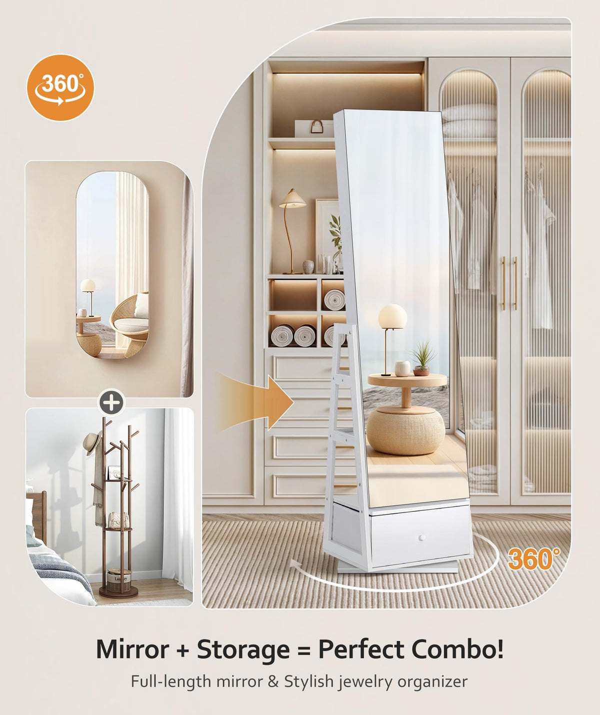360° Swivel Lockable Jewelry Cabinet with Full Length Mirror Z22296