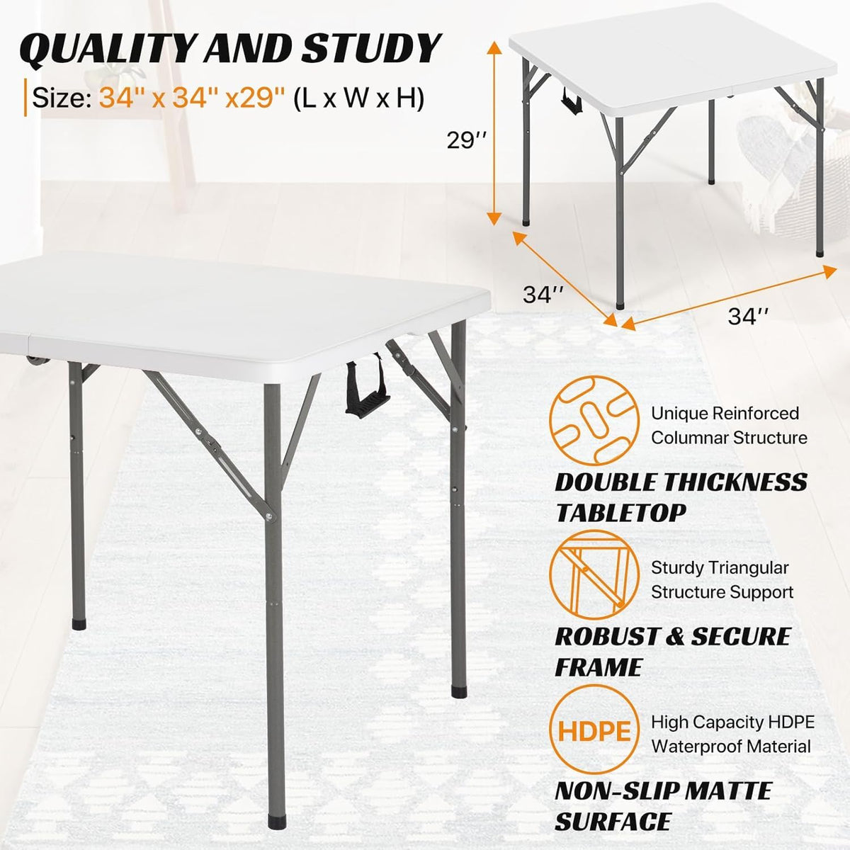 34'' White Folding Card Table with Handle & Steel Legs Z148