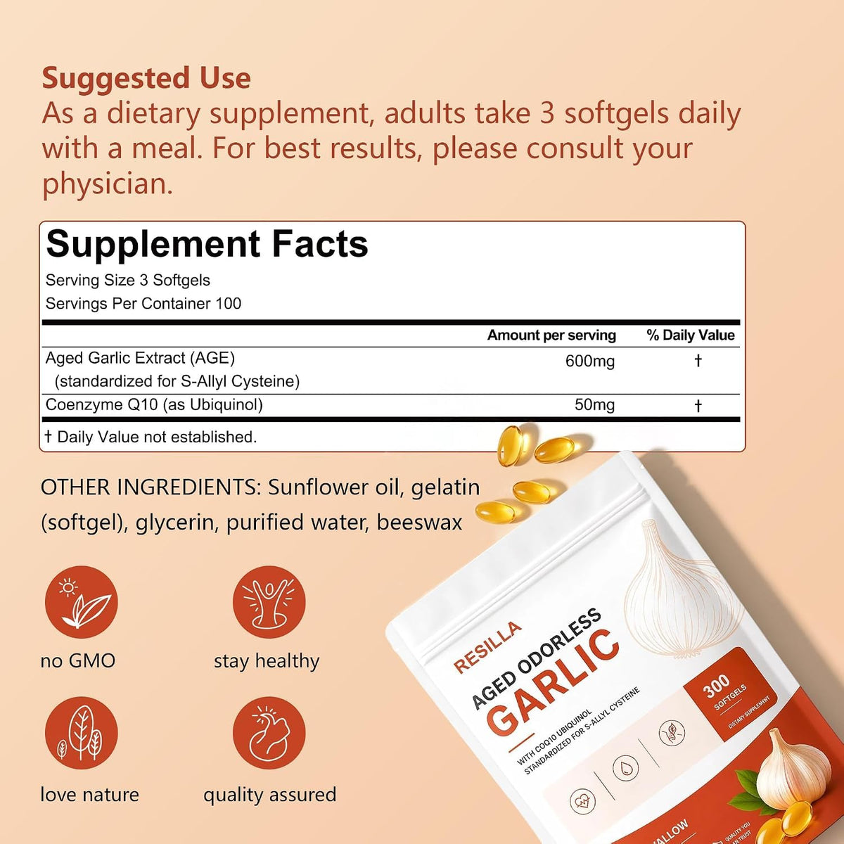 Odorless Aged Garlic Softgels, 300 Softgels B5670