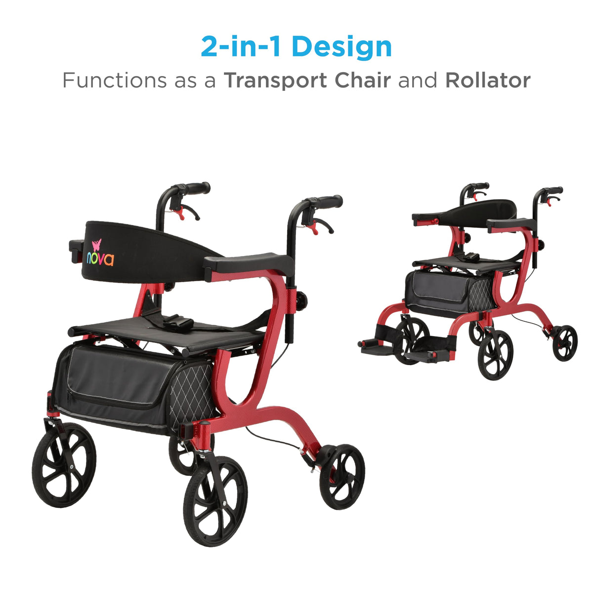 2-in-1 Folding Rollator Walker & Transport Chair with 10” Front Wheels X4834