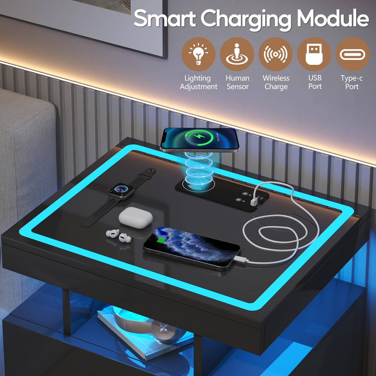 Black LED Nightstand with Wireless Charging Station P208