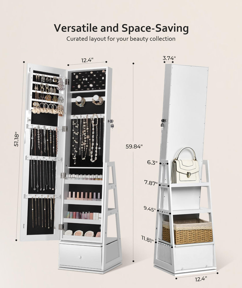 360° Swivel Lockable Jewelry Cabinet with Full Length Mirror Z22296