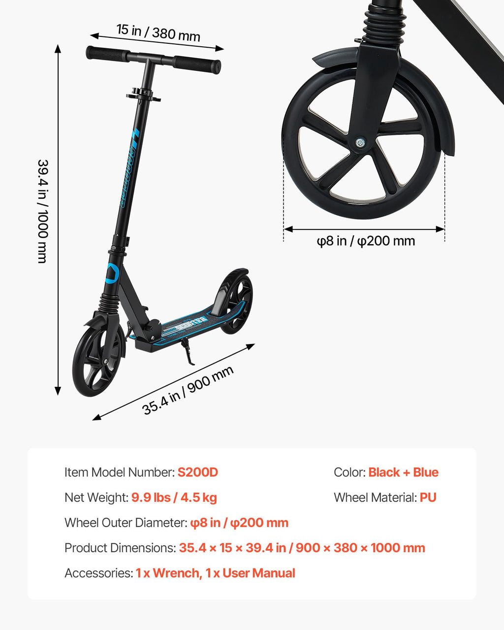 Kick Scooter, 2-Wheel Adjustable Height Folding with Anti-Slip Deck & Light-Up Wheels W201