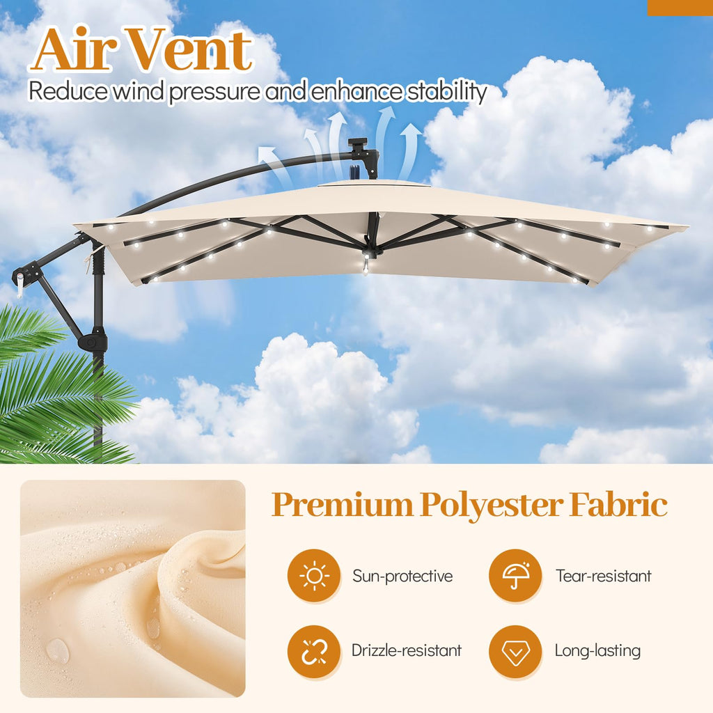 8x8 FT Solar Square Offset Cantilever Umbrella with Base V386