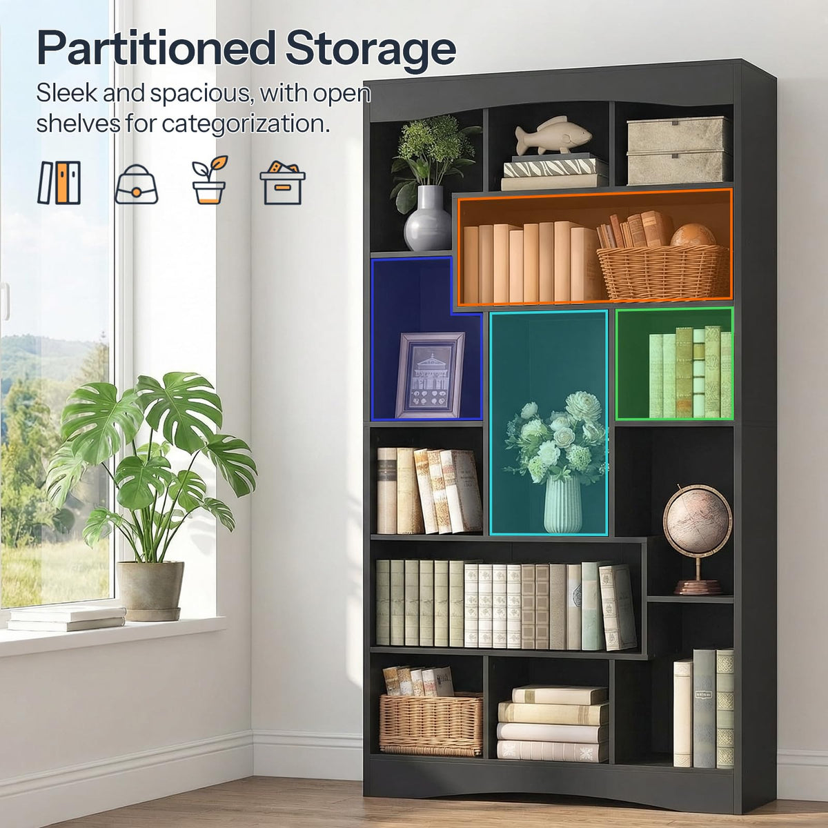 6-Tier Black Bookshelf with Open Shelves O40166