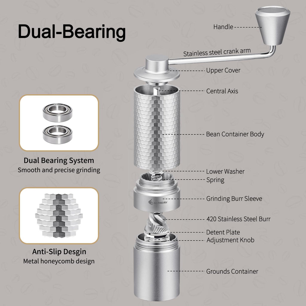 Manual Coffee Grinder, Stainless Steel Conical Burr Hand Grinder, 25g Coffee Bean Mill with Magnetic Handle, Dual Bearing Metal Body for Travel and Camping S273