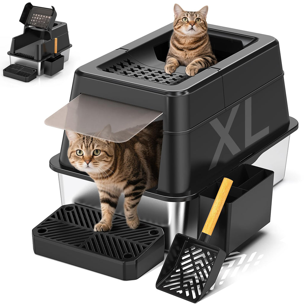 XL Black Stainless Steel Litter Box with Lid D7517