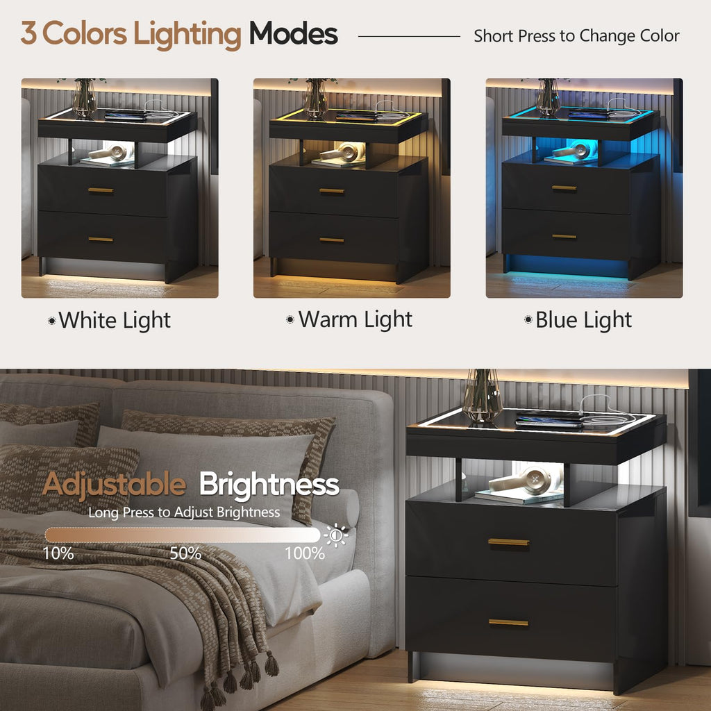 Black LED Nightstand with Wireless Charging Station P208