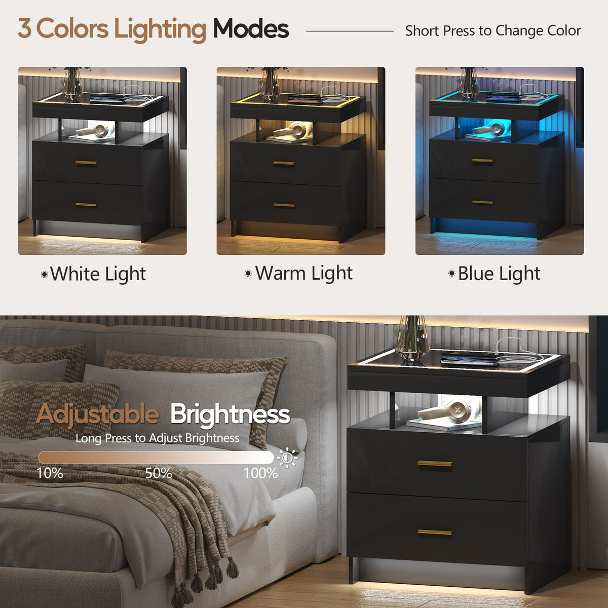 Black LED Nightstand with Wireless Charging Station P208