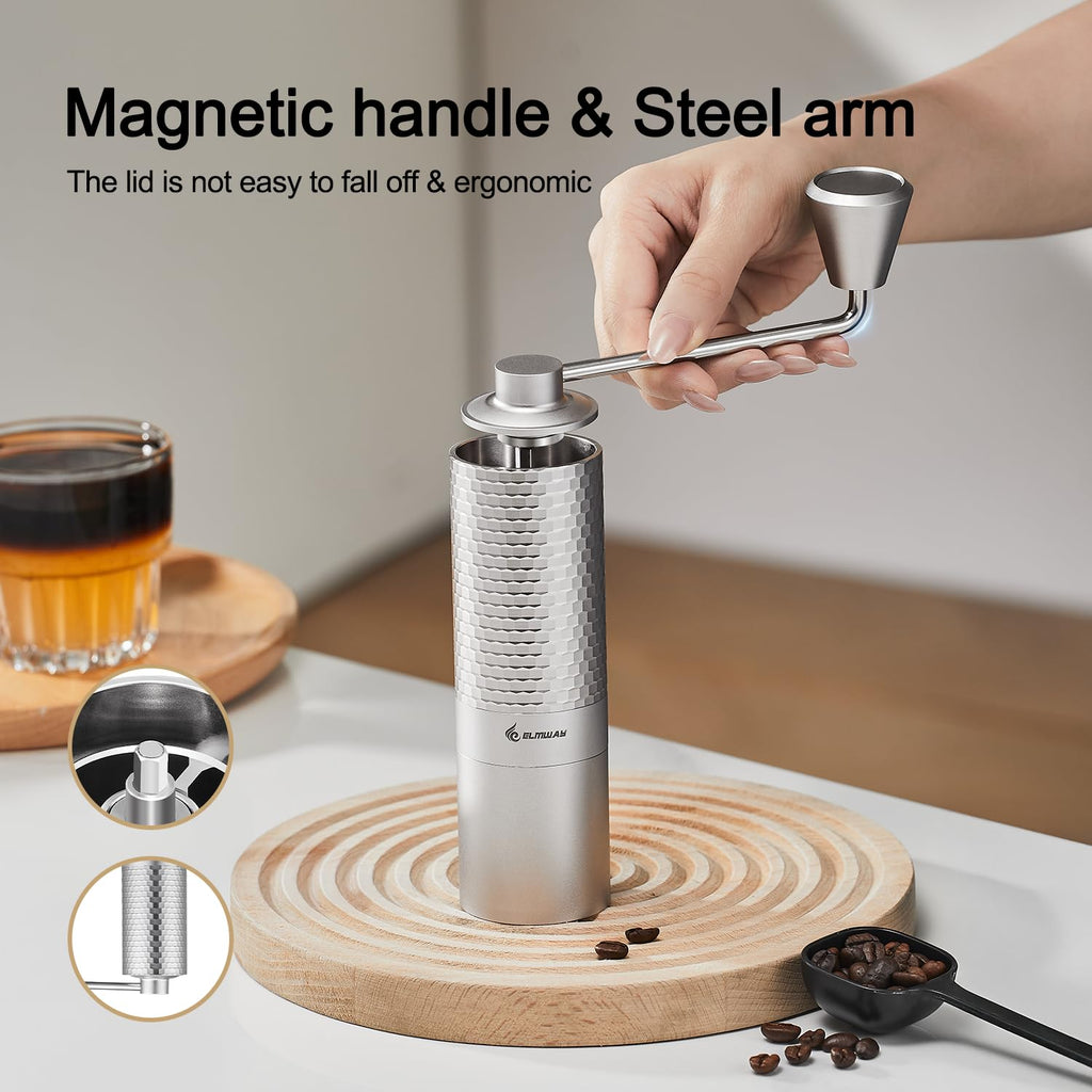 Manual Coffee Grinder, Stainless Steel Conical Burr Hand Grinder, 25g Coffee Bean Mill with Magnetic Handle, Dual Bearing Metal Body for Travel and Camping S273