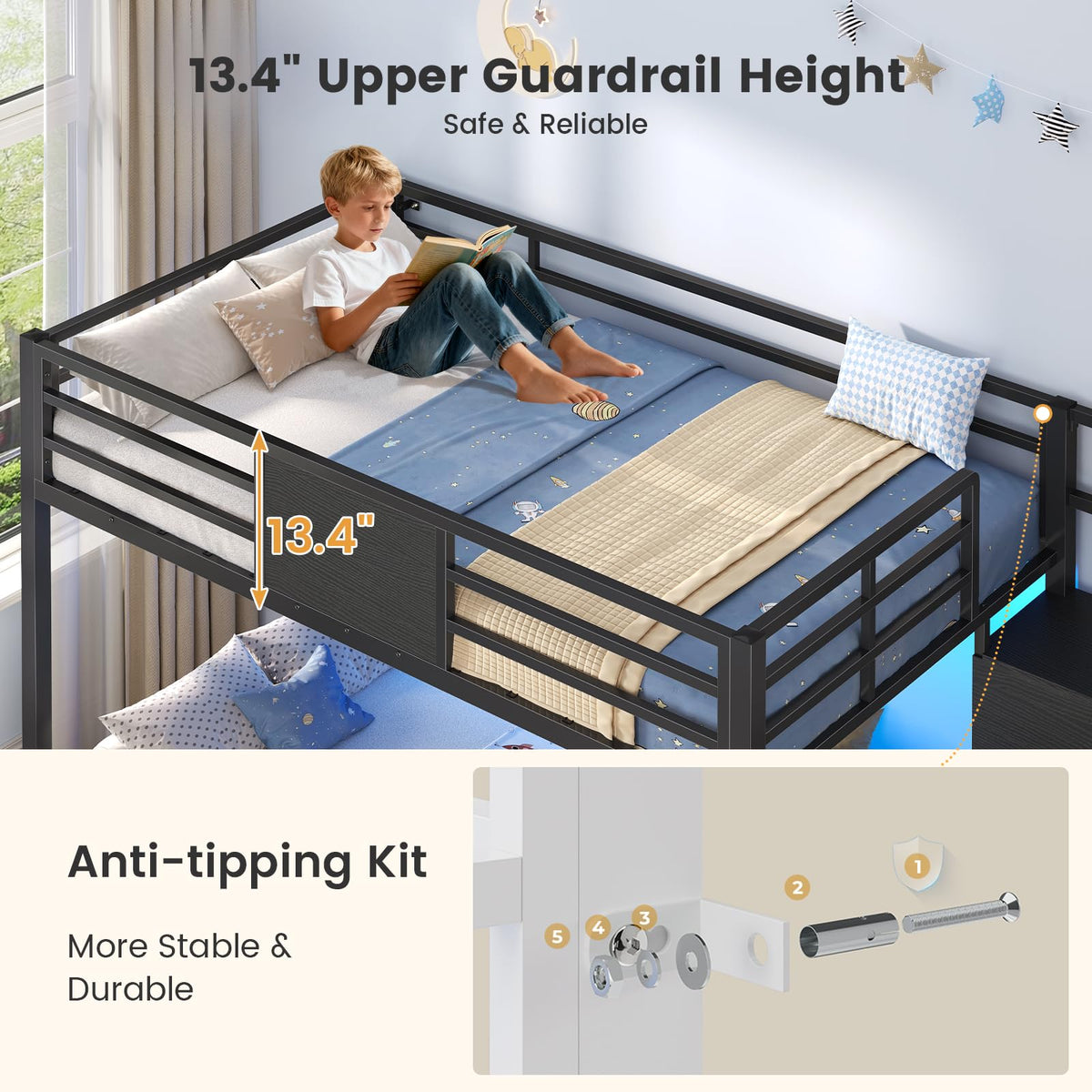 Twin Over Twin Bunk Bed with Trundle, Stairs, 6 Drawers, LED Lights D2755
