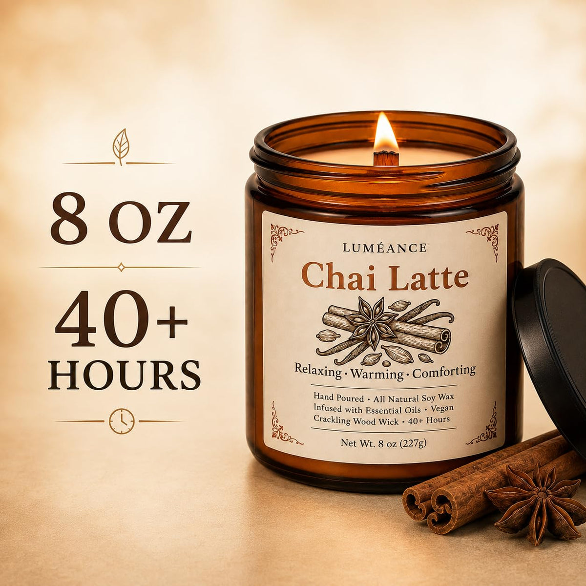 Chai Latte Scented Candle, 8 oz, Soy Wax, Crackling Wood Wick I349233